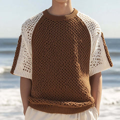 Men's Retro Colorblock Knitted Round Neck Short Sleeve T-Shirt MTA0943D4TO
