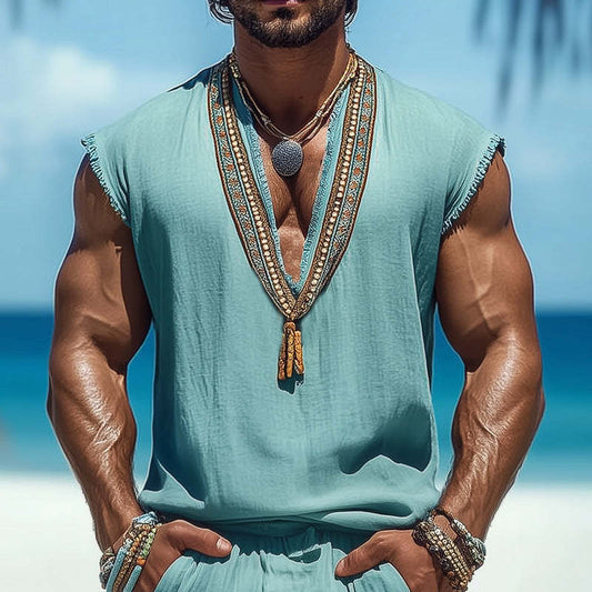 Men's Summer V-neck Retro Embroidered Cotton And Linen Tank Top MTA0928D1U