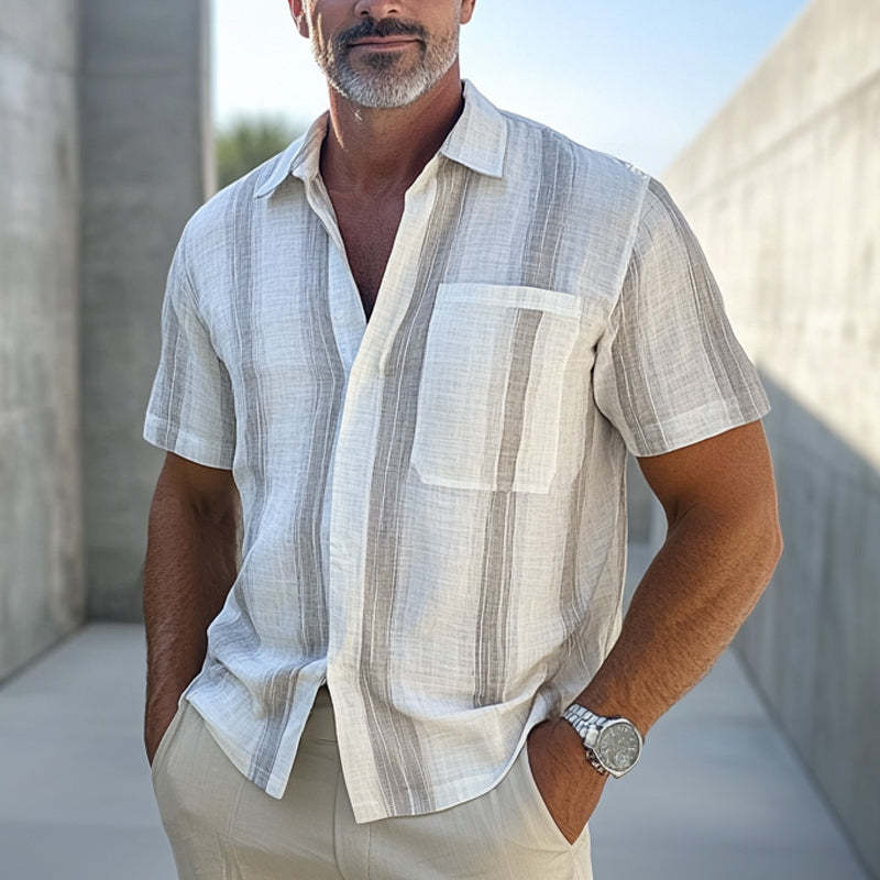 Men's Casual Vertical Striped Cotton And Linen Short-sleeved Shirt 79130598U