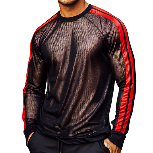 Men's Sports And Casual Sunscreen Mesh Striped Splicing Round Neck Long Sleeve T-Shirt MTA0943D9TO