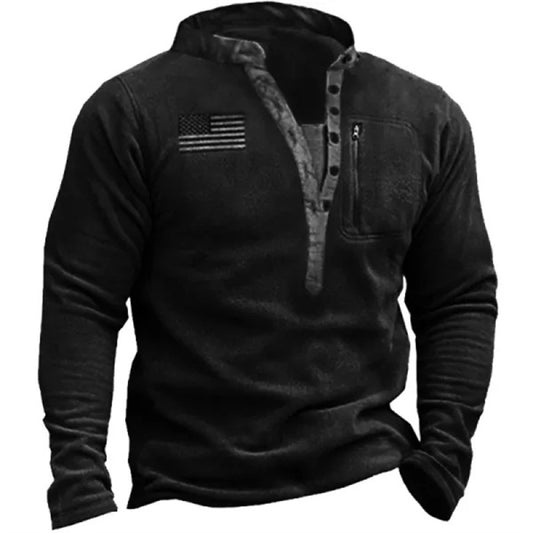 Stylish Henley Sweatshirt with Flag Patch - Perfect for Casual and Outdoor Wear