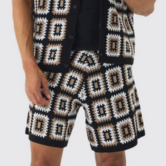 Men's Spring And Summer Fashion Casual Hollow Knitted Short-sleeved T-shirt Shorts Set MTA1038D7K