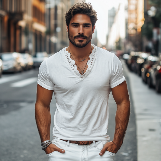 Men's Spring And Summer Fashionable V-neck Lace Stitching Cotton Short-sleeved T-shirt MTA2200C3K