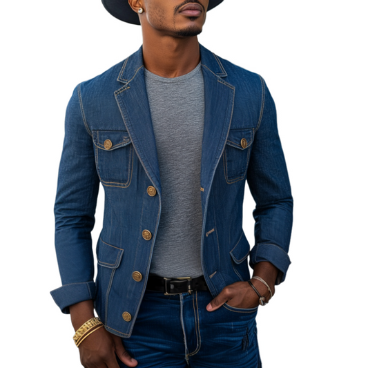 Men's Retro Notched Lapel Denim Single Breasted Multi-Pocket Slim Fit Blazer MTA0266D7M
