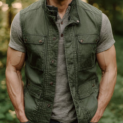 Green Vest with Button-Down Collar and Multiple Pockets