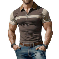 Men's Summer Brown Polo Collar Colorblock Stretch Slim Fit T-Shirt MTA0259D7U