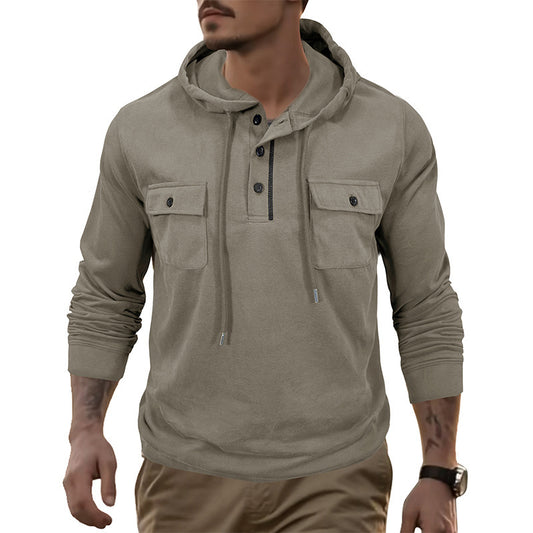Men's Stylish Hooded Henley Sweatshirt with Functional Pockets - Perfect for Casual Wear