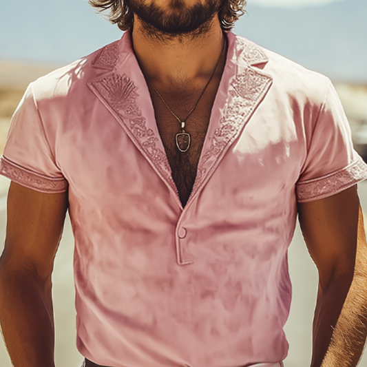 Men's Spring Fashion Casual Deep V-neck Slim Fit Embroidered Suede Short Sleeve T-shirt MTA3128C4K