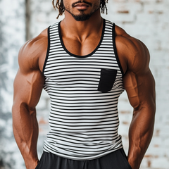 Men's Casual Striped Stitching U-Neck Patch Pocket Slim Fit Tank Top MTA1882C2M