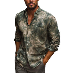 Men's Dark Green Mottled Print Casual Long Sleeve Shirt MTA2582C8U