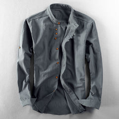 Stylish Mandarin Collar Shirt With Unique Button Design For Men