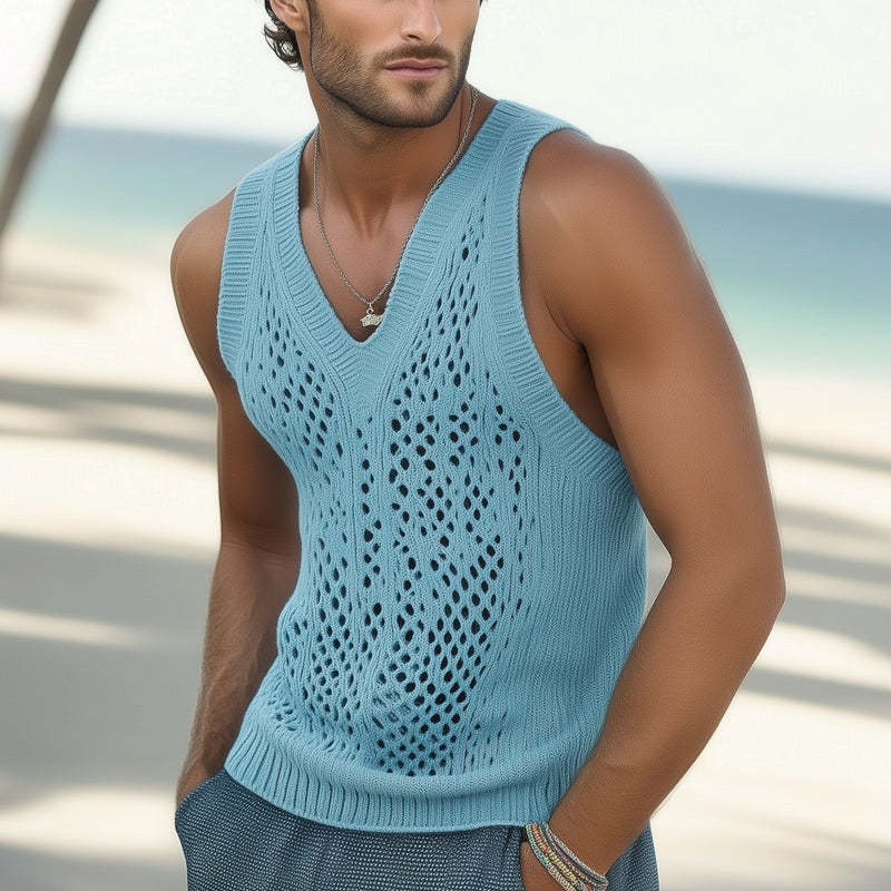 Men's Summer Fashionable Seaside Knitted Hollow Tank Top MTA0789D6U
