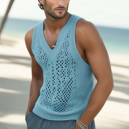 Men's Summer Fashionable Seaside Knitted Hollow Tank Top MTA0789D6U