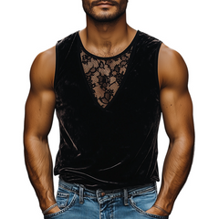 Men's Fashion Casual Round Neck Lace Stitching Velvet Tank Top MTA2517C4K
