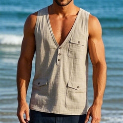 Men's Vintage Linen Multi-Pocket V-Neck Tank Top MTA3187C4TO
