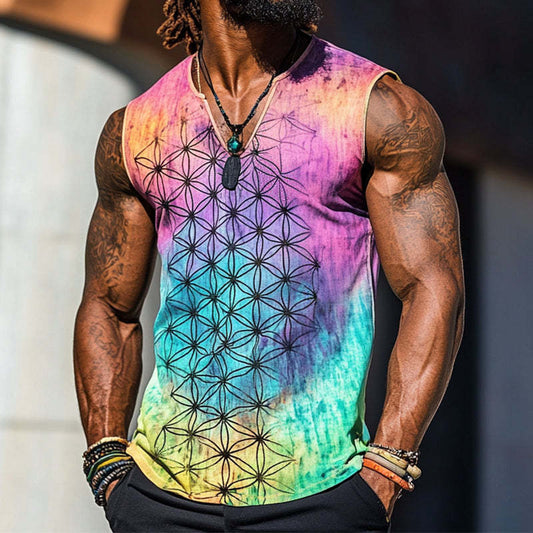 Men's Vintage Casual Flower Of Life Printed V-Neck Tank Top MTA2768C3TO