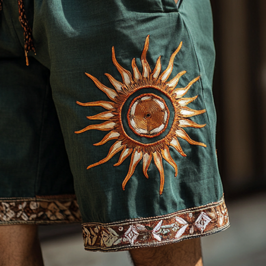 Men's Retro Ethnic Style Sun Embroidery Casual Linen Shorts 05475823TO