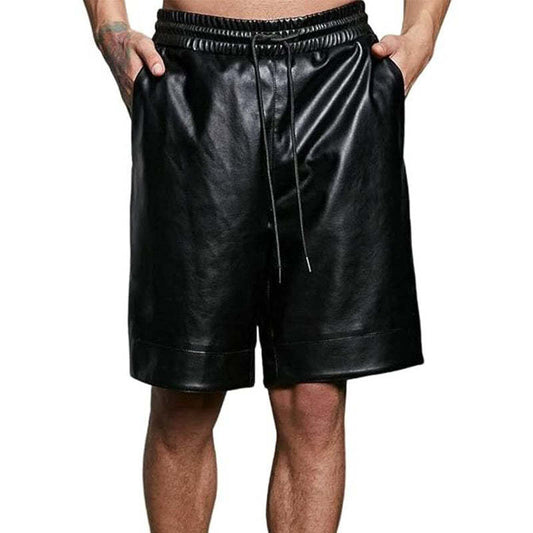 Men's Summer Basic Loose Pure Black PU Leather Shorts MTA0273D9U