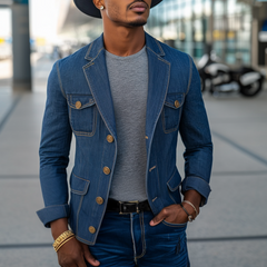 Men's Retro Notched Lapel Denim Single Breasted Multi-Pocket Slim Fit Blazer MTA0266D7M