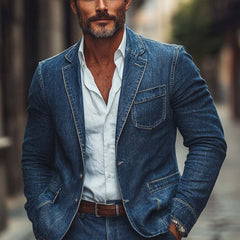 Men'S Dark Blue Textured Washed Denim Blazer MTA2657C6U