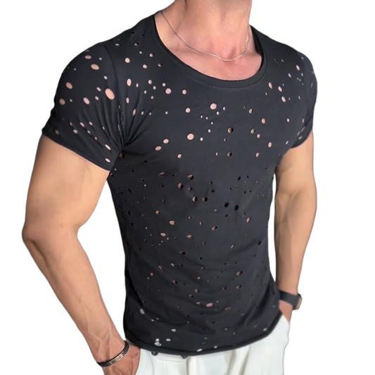 Men's Retro Casual Cotton Irregular Hole Round Neck Short Sleeve Shirt MTA2702C1TO