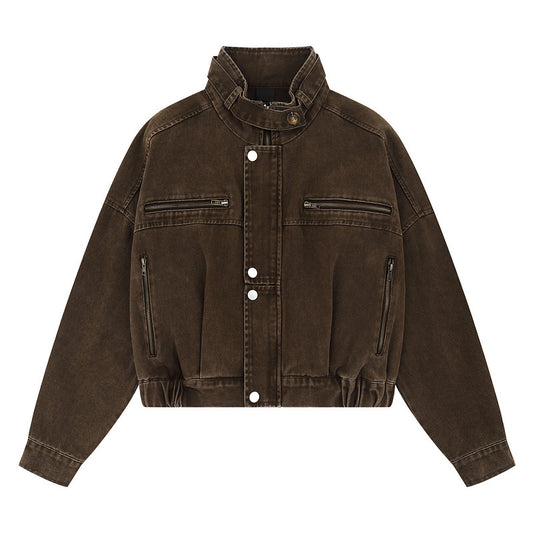 Stylish Brown Denim Jacket with Zipper Pockets - Perfect for Casual and Outdoor Wear