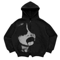 Hooded Sweatshirt with Bold Graphic Design and Zip-Up Closure