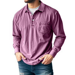 Men's Casual Long Sleeve Button-Up Polo Shirt with Chest Pocket