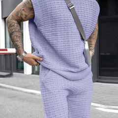 Men's Casual Round Neck Loose Tank Top Elastic Waist Shorts Knitted Set MTA2274C1M