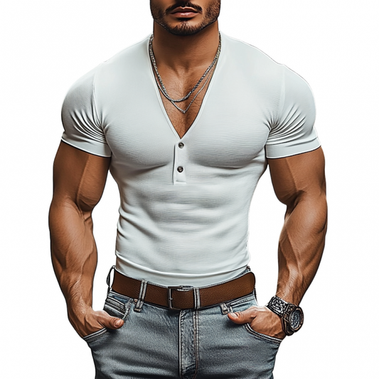 Men's Casual V-neck Button Cotton Blend Slim Fit Short Sleeve T-Shirt MTA0269D5M