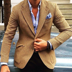Men's Vintage Herringbone Lapel Single Breasted Blazer 84719153M