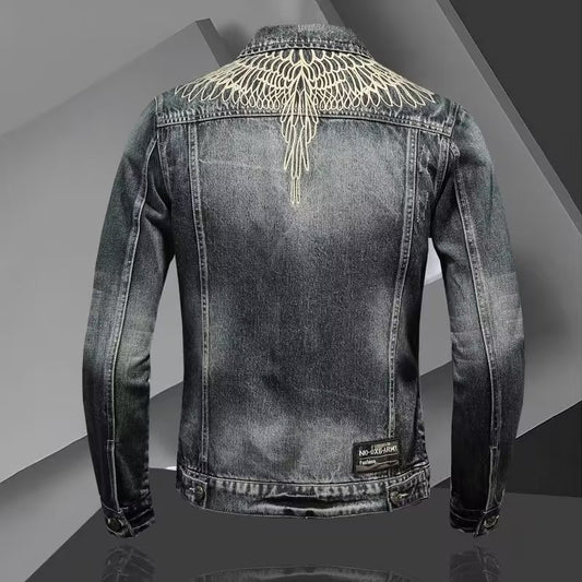 Distressed Denim Jacket with Embroidered Wings - Perfect for Casual and Fashionable Looks