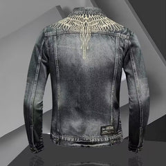Distressed Denim Jacket with Embroidered Wings - Perfect for Casual and Fashionable Looks