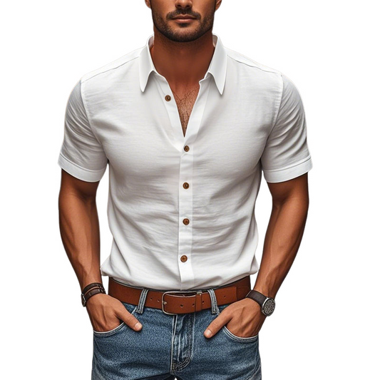 Men's Casual Comfortable Cotton Lapel Single Breasted Slim Fit Short Sleeve Shirt MTA2714C9M