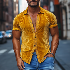 Men's Spring Fashion Sexy Lace Splicing Velvet Slim Fit Short Sleeve Shirt MTA2641C1K