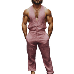Men's Spring And Summer Fashion Casual Deep V-Neck Cotton And Linen Tank Top Pants Jumpsuit MTA0994D6K