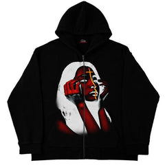 Hooded Sweatshirt with Bold Graphic Design and Zip-Up Closure
