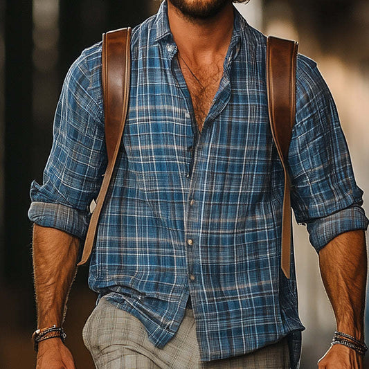 Men's Western Retro Plaid Print Long Sleeve Shirt Shorts Set MTA0774D0P