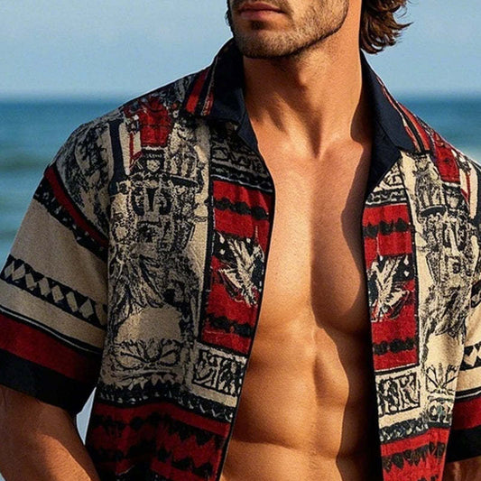 Men's Vintage Printed Lapel Short Sleeve Shirt MTA2580C3X