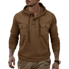 Men's Stylish Hooded Henley Sweatshirt with Functional Pockets - Perfect for Casual Wear