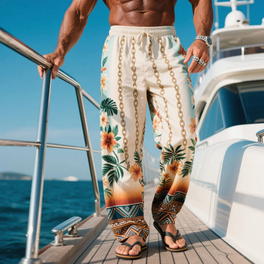 Tropical Floral Chain-Embellished Lounge Pants for Summer Yacht Adventures