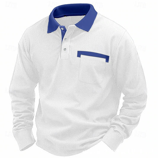 Stylish Long Sleeve Polo Shirt With Contrast Collar And Pocket Design For Men