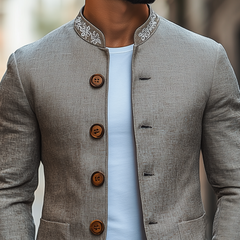 Men's Classic Retro Casual Stand-up Collar Embroidered Thin Cotton And Linen Slim Jacket MTA2419C0K