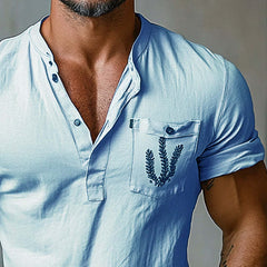 Men's Casual Pocket Print Henley Neck Short Sleeve T-Shirt 02832551X