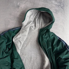 Green Hooded Windbreaker Jacket With Reflective Stripes For Outdoor Adventures