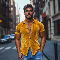Men's Spring Fashion Sexy Lace Splicing Velvet Slim Fit Short Sleeve Shirt MTA2641C1K