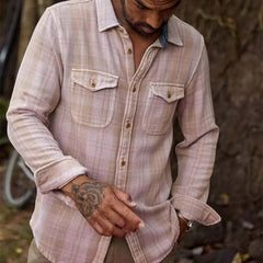 Men's Retro Pink Plaid Twill Slim Fit Long Sleeve Shirt 87816485U