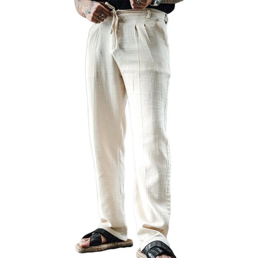 Men's Solid Cotton And Linen Mid Waist Straight Casual Pants MTA0115D4Z