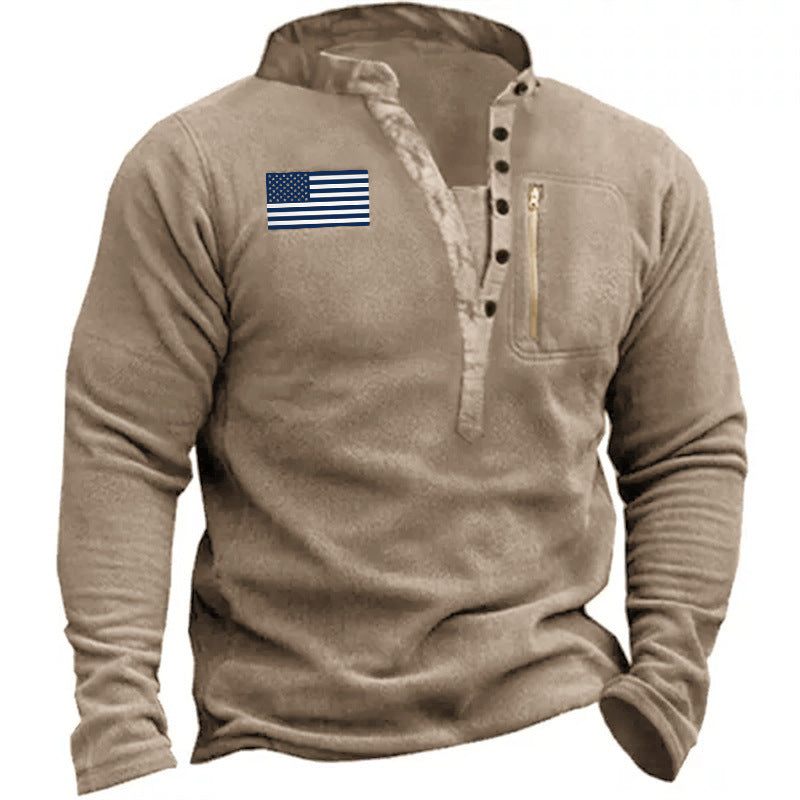 Stylish Henley Sweatshirt with Flag Patch - Perfect for Casual and Outdoor Wear