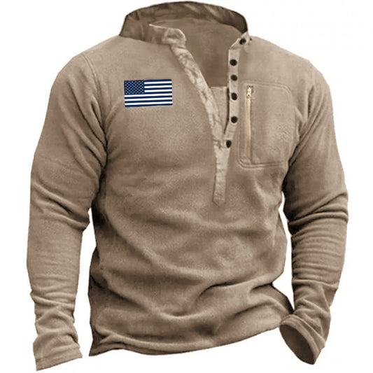 Stylish Henley Sweatshirt with Flag Patch - Perfect for Casual and Outdoor Wear